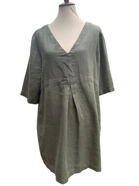 Linenbee Yvette V-Neck 100% Linen Tunic Dress Green Pockets EUC Flowy Oversized